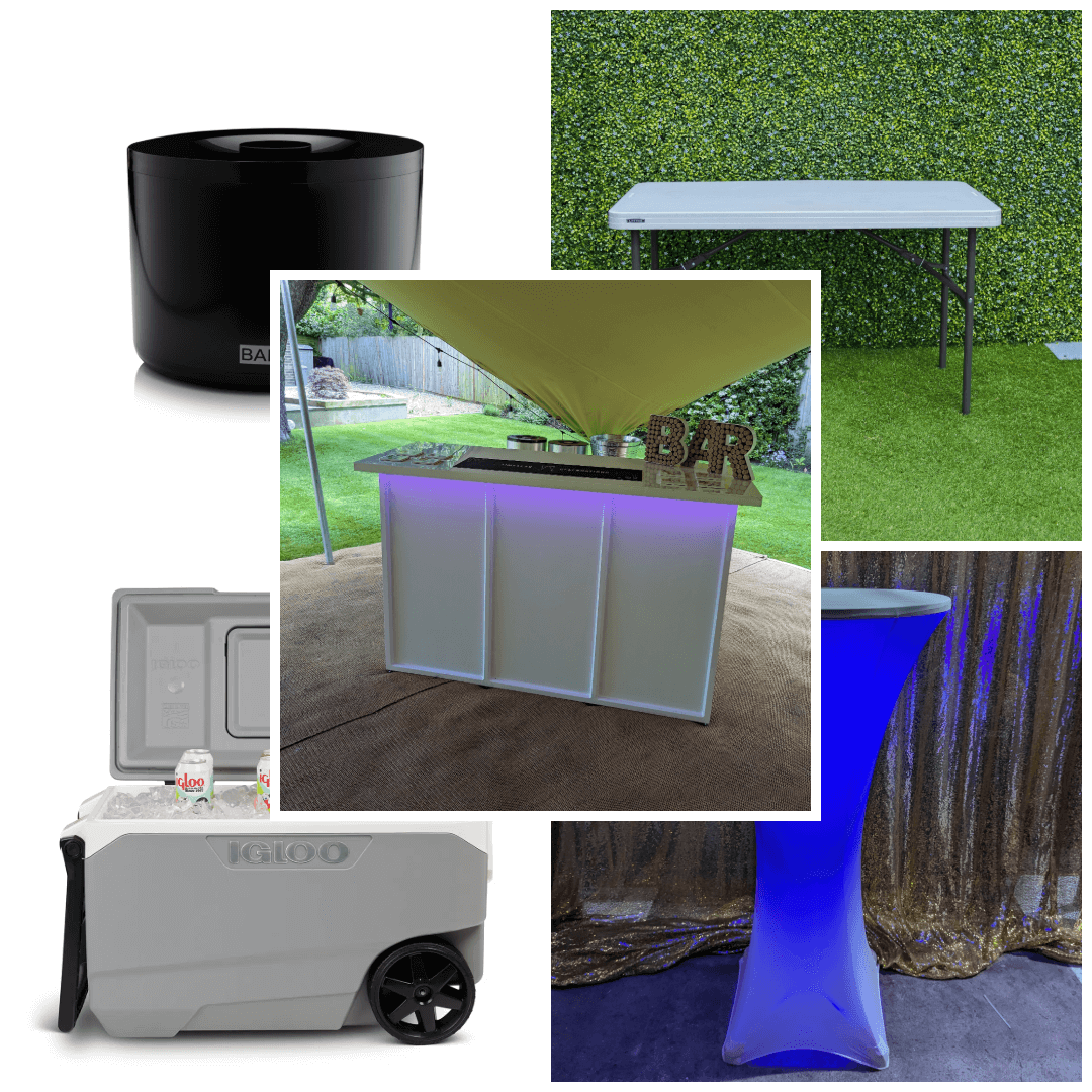 Mobile bar package includes LED mobile bar, 4 x LED poseur tables, igloo drink cooler, ice bucket and 4ft table